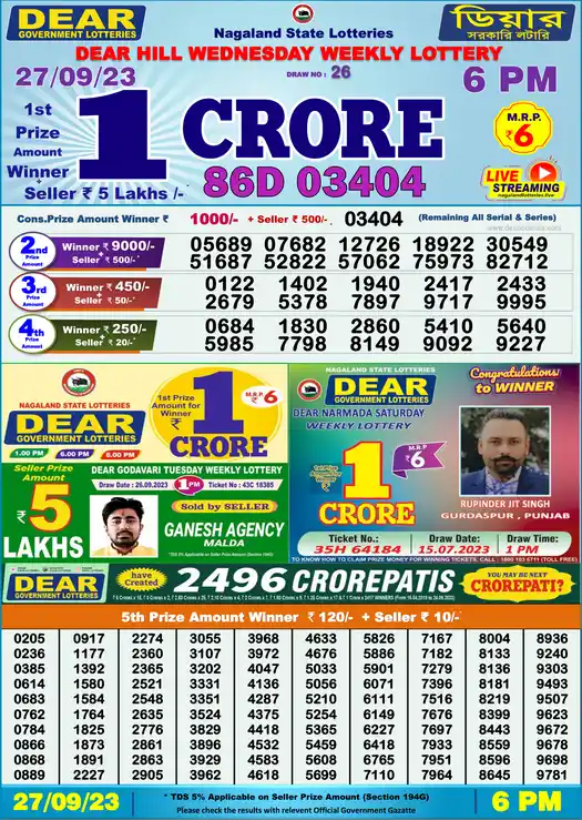 Lottery Sambad 6 PM result 27 Sep 2023