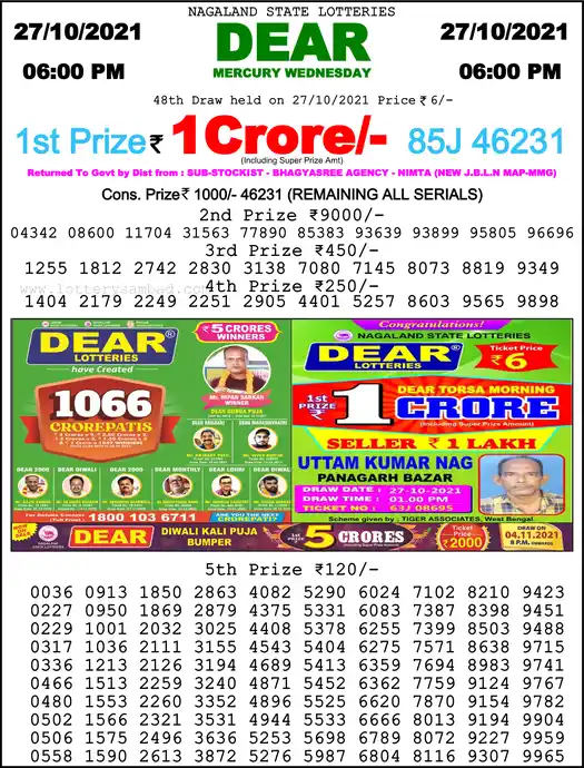 Lottery Sambad 6 PM result 27 Oct 2021