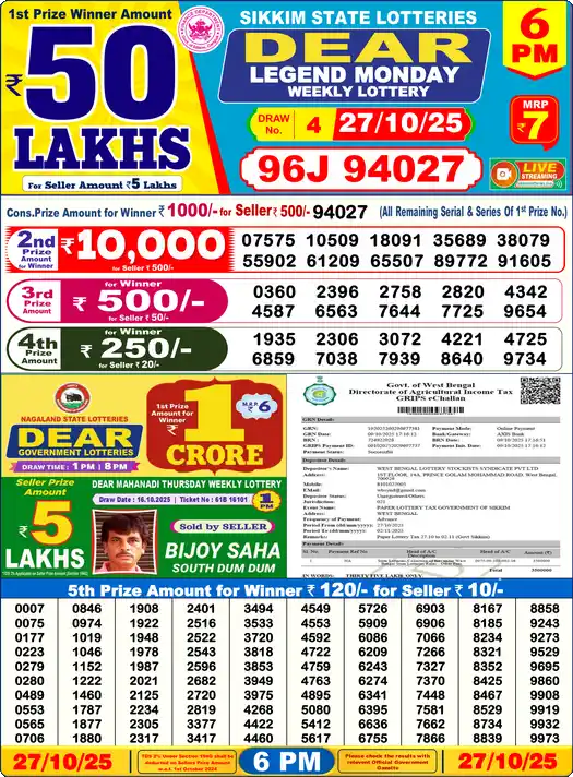 Lottery Sambad 6 PM result 27 Oct 2025