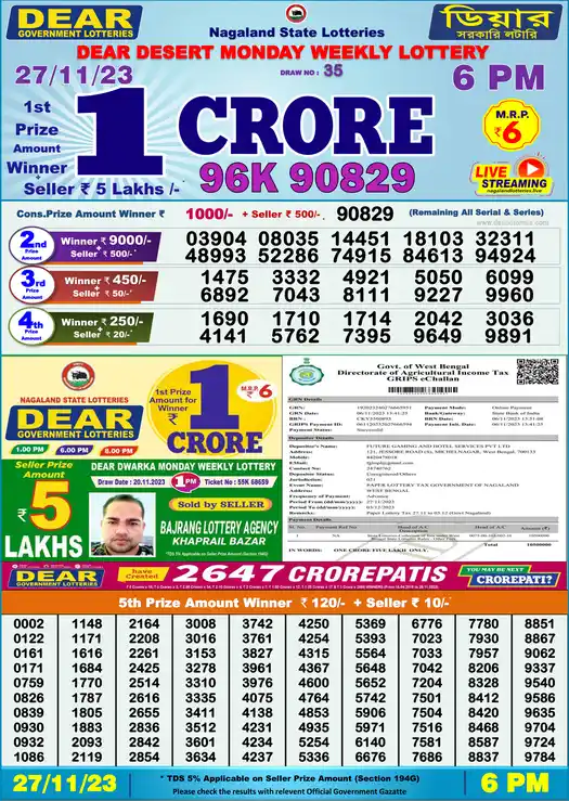 Lottery Sambad 6 PM result 27 Nov 2023