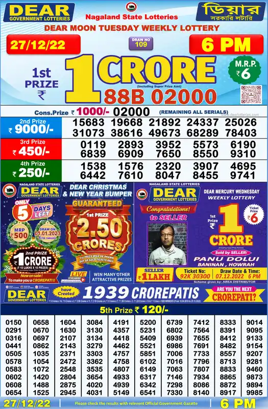 Lottery Sambad 6 PM result 27 Dec 2022