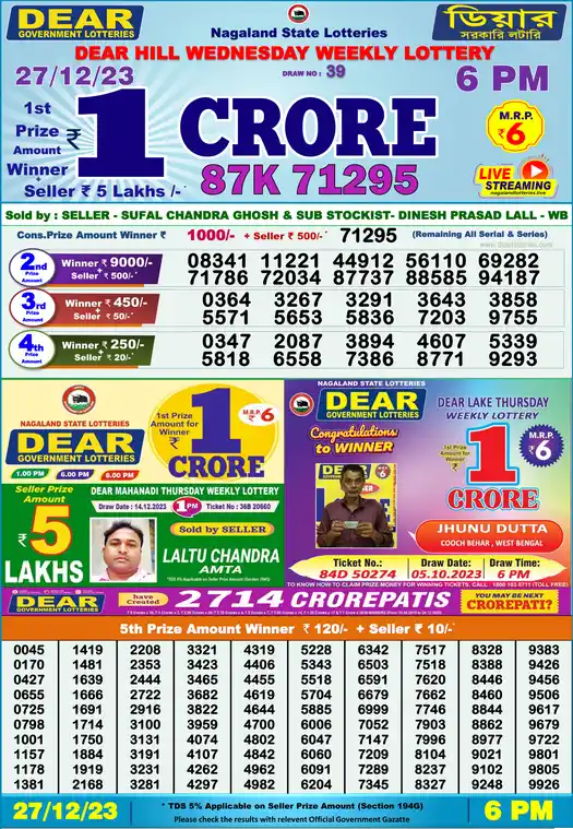 Lottery Sambad 6 PM result 27 Dec 2023