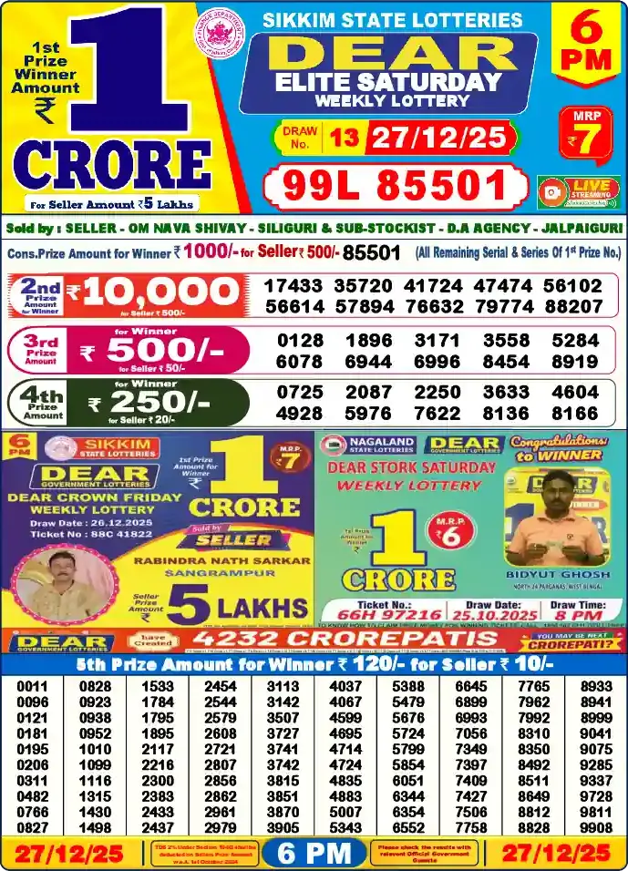 Lottery Sambad 6 PM result 27 Dec 2025