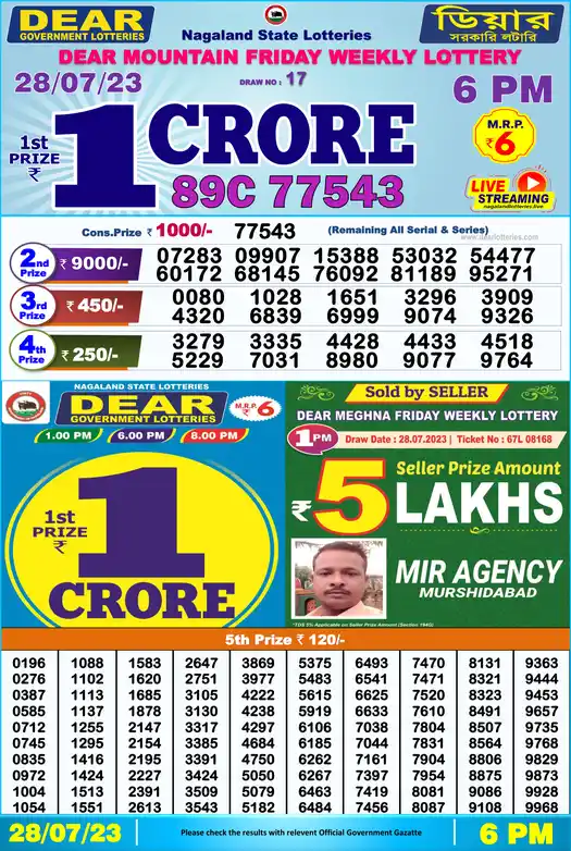 Lottery Sambad 6 PM result 28 Jul 2023