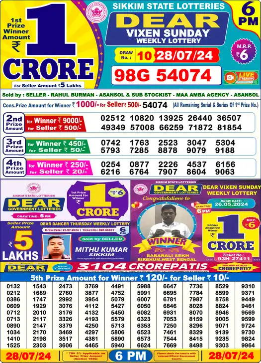 Lottery Sambad 6 PM result 28 Jul 2024