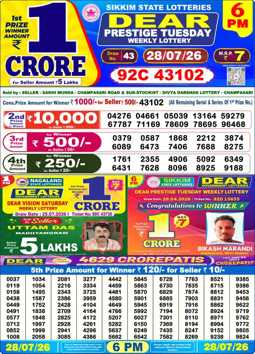 Lottery Sambad 6 PM result 28 Jul 2026