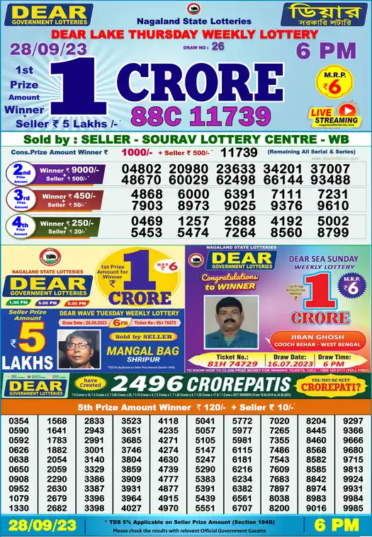 Lottery Sambad 6 PM result 28 Sep 2023