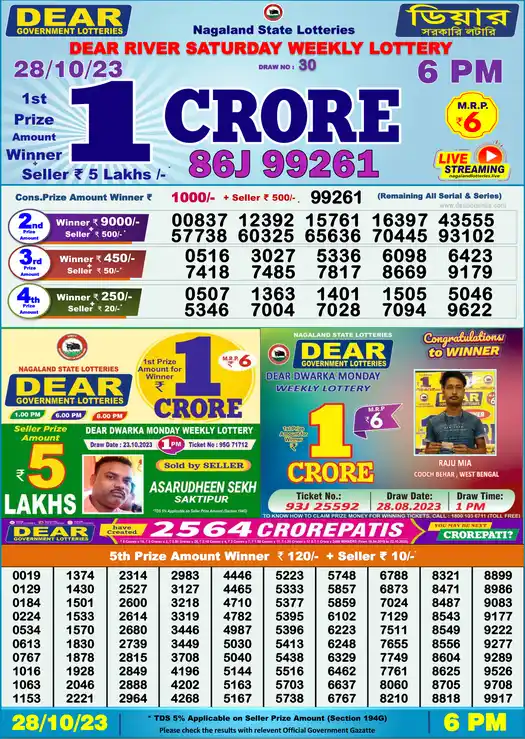 Lottery Sambad 6 PM result 28 Oct 2023