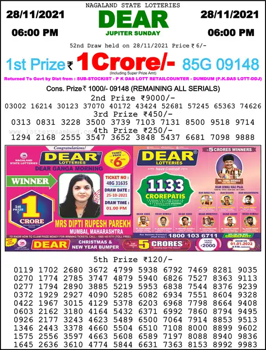 Lottery Sambad 6 PM result 28 Nov 2021
