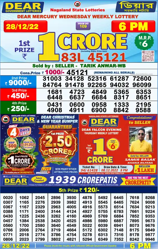 Lottery Sambad 6 PM result 28 Dec 2022