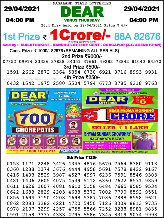 Lottery Sambad 6 PM result 29 Apr 2021