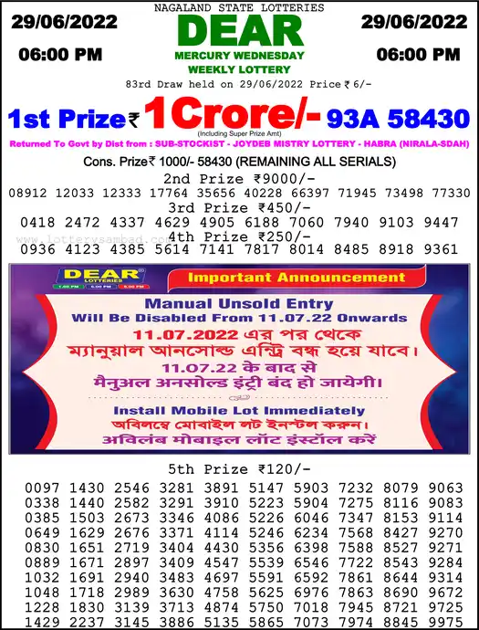Lottery Sambad 6 PM result 29 Jun 2022