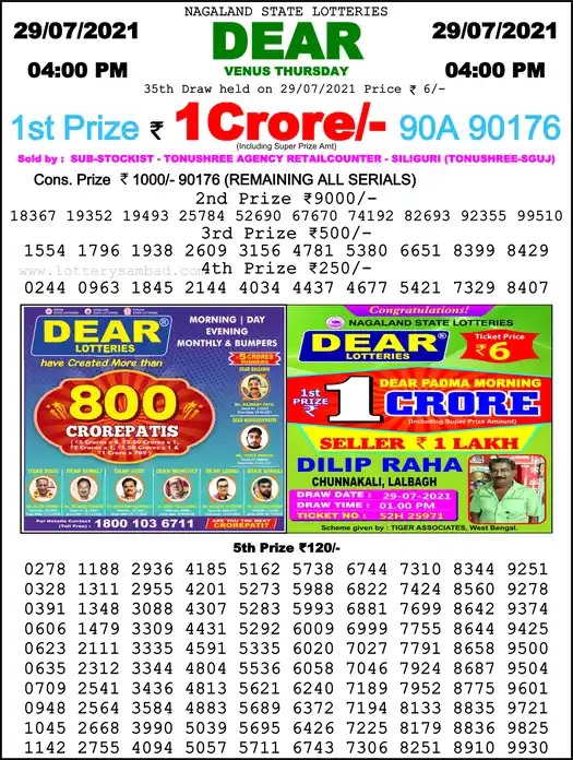 Lottery Sambad 6 PM result 29 Jul 2021