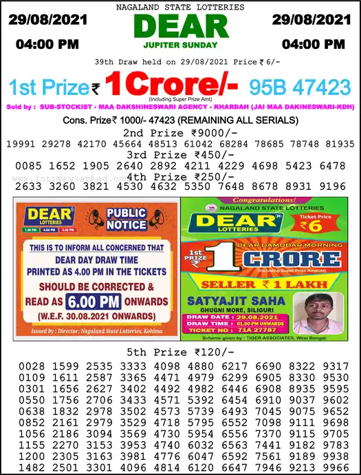 Lottery Sambad 6 PM result 29 Aug 2021