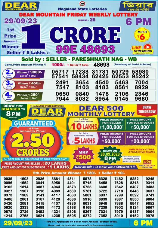Lottery Sambad 6 PM result 29 Sep 2023