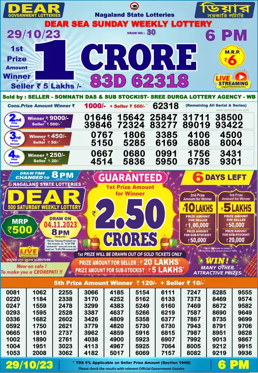 Lottery Sambad 6 PM result 29 Oct 2023