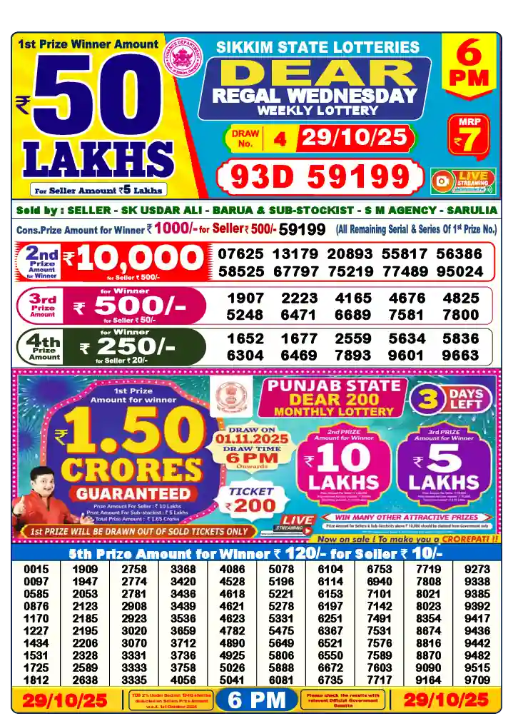 Lottery Sambad 6 PM result 29 Oct 2025