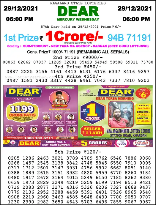 Lottery Sambad 6 PM result 29 Dec 2021