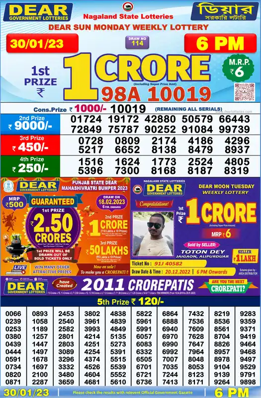 Lottery Sambad 6 PM result 30 Jan 2023