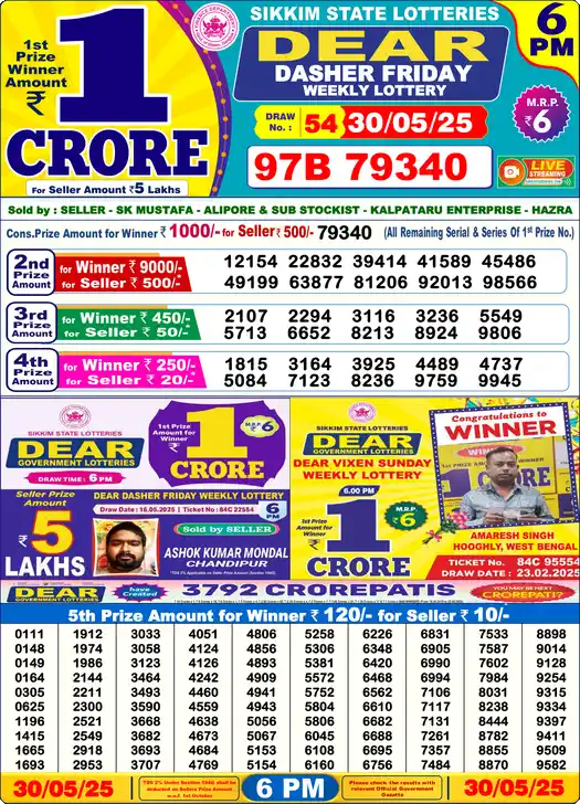 Lottery Sambad 6 PM result 30 May 2025
