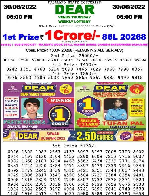 Lottery Sambad 6 PM result 30 Jun 2022