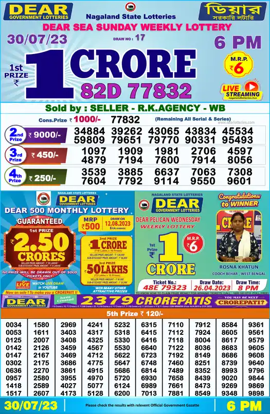 Lottery Sambad 6 PM result 30 Jul 2023