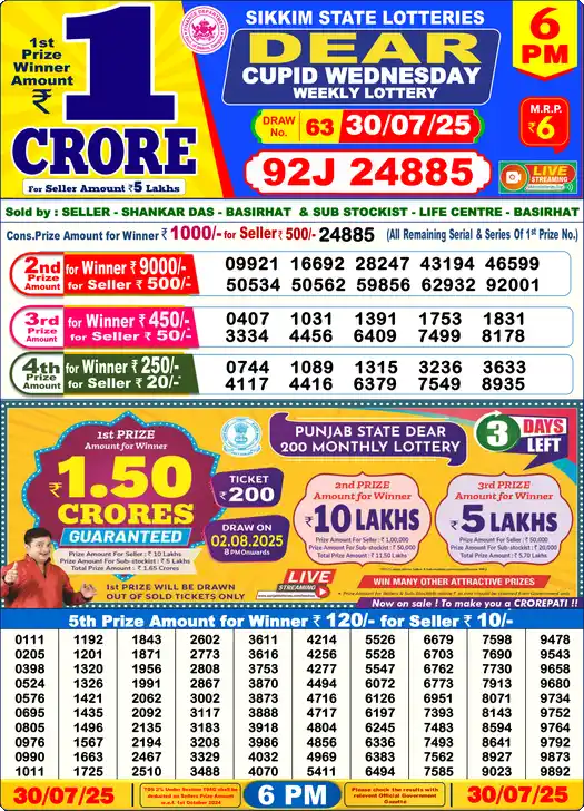 Lottery Sambad 6 PM result 30 Jul 2025