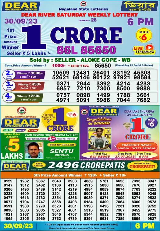 Lottery Sambad 6 PM result 30 Sep 2023
