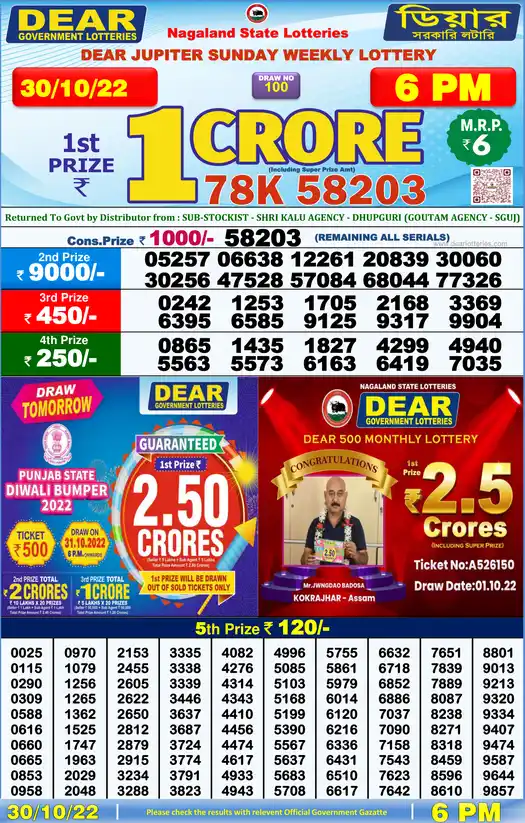 Lottery Sambad 6 PM result 30 Oct 2022