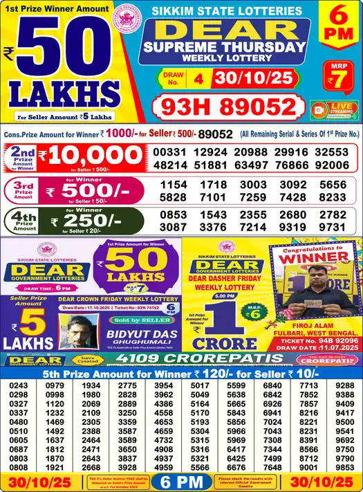Lottery Sambad 6 PM result 30 Oct 2025