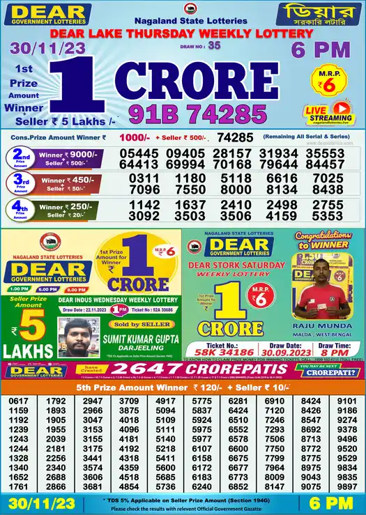 Lottery Sambad 6 PM result 30 Nov 2023
