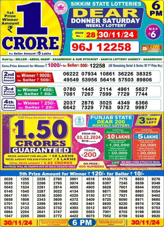 Lottery Sambad 6 PM result 30 Nov 2024