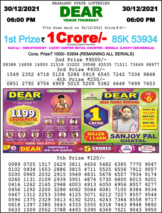 Lottery Sambad 6 PM result 30 Dec 2021