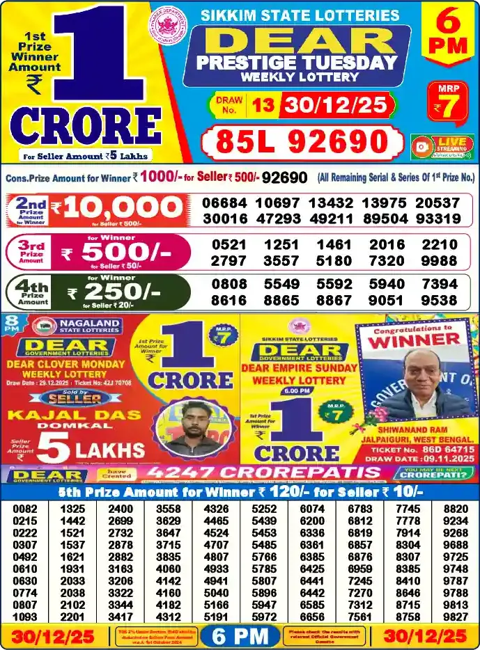 Lottery Sambad 6 PM result 30 Dec 2025