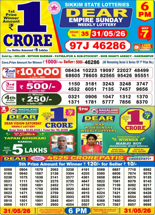 Lottery Sambad 6 PM result 31 May 2026