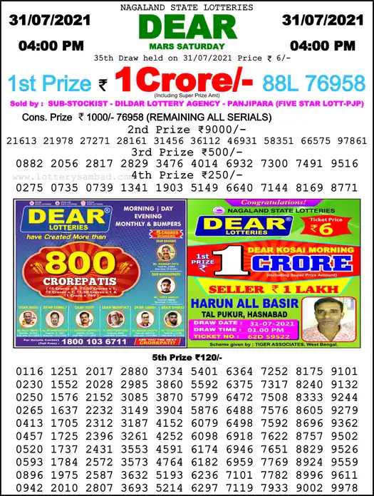 Lottery Sambad 6 PM result 31 Jul 2021