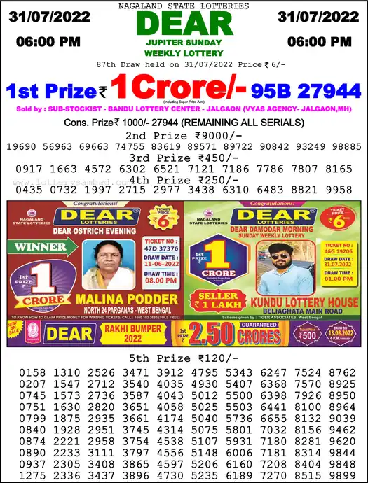Lottery Sambad 6 PM result 31 Jul 2022
