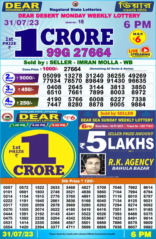 Lottery Sambad 6 PM result 31 Jul 2023