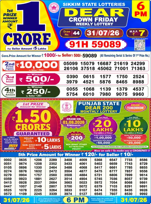 Lottery Sambad 6 PM result 31 Jul 2026