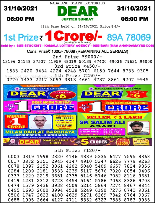 Lottery Sambad 6 PM result 31 Oct 2021