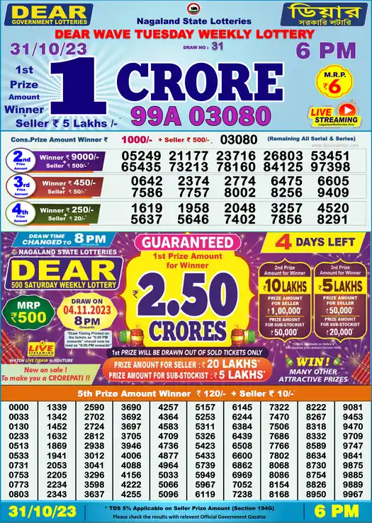 Lottery Sambad 6 PM result 31 Oct 2023