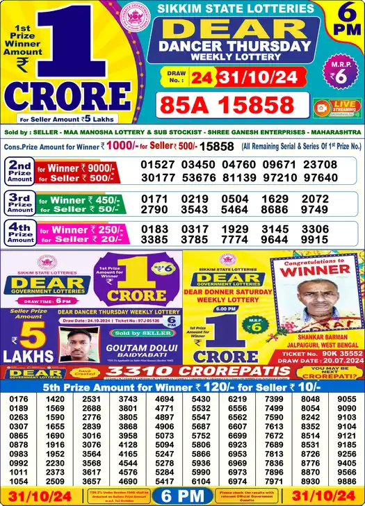Lottery Sambad 6 PM result 31 Oct 2024