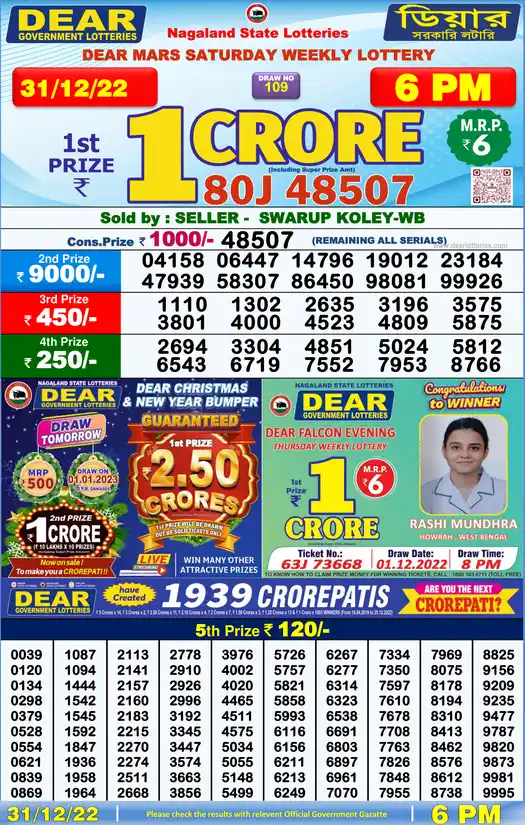 Lottery Sambad 6 PM result 31 Dec 2022