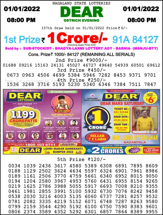 Lottery Sambad 8 PM result 01 Jan 2022