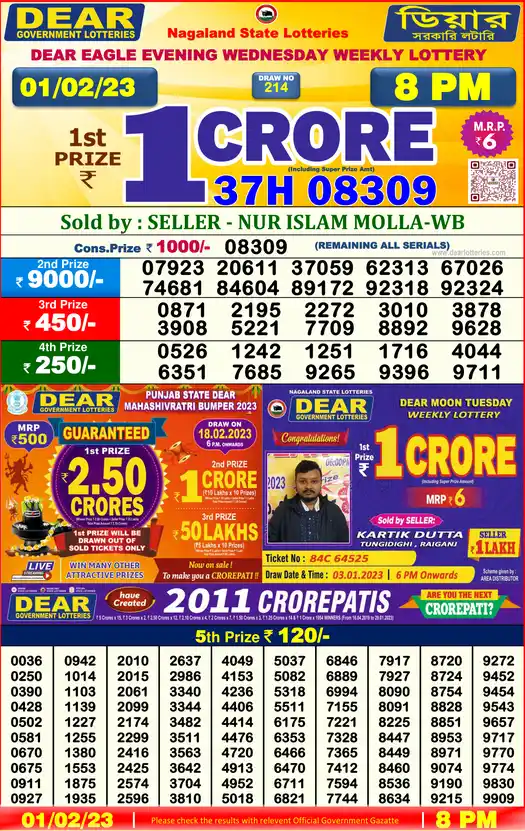 Lottery Sambad 8 PM result 01 Feb 2023