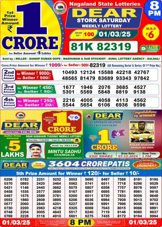 Lottery Sambad 8 PM result 01 Mar 2025