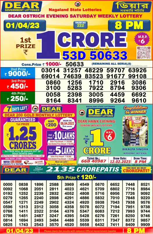 Lottery Sambad 8 PM result 01 Apr 2023