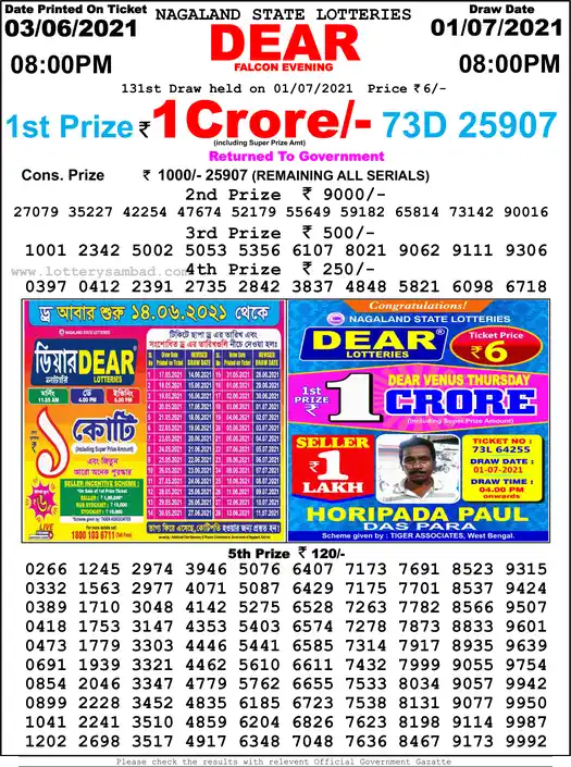 Lottery Sambad 8 PM result 01 Jul 2021