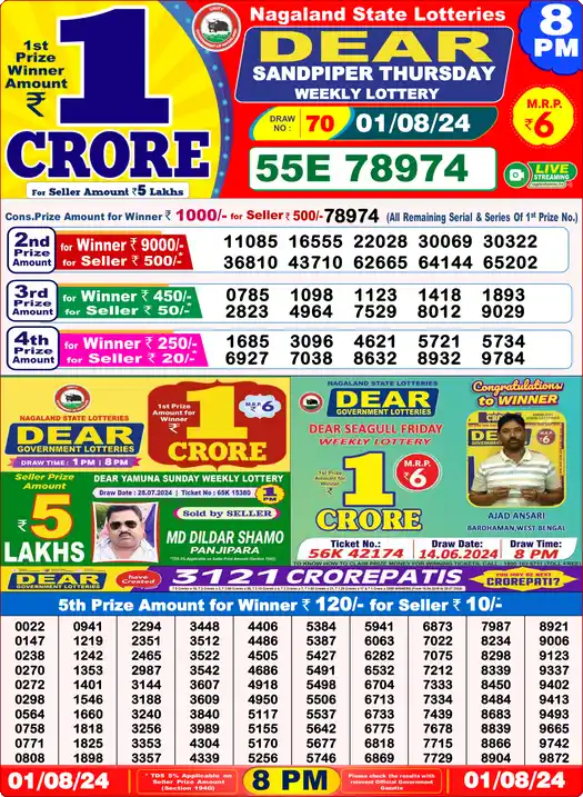 Lottery Sambad 8 PM result 01 Aug 2024