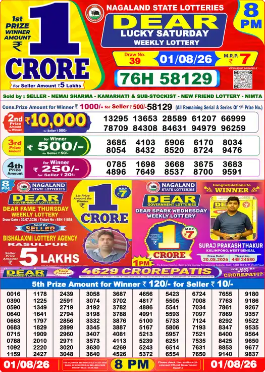 Lottery Sambad Yesterday 8:00 PM Result 01 August 2026